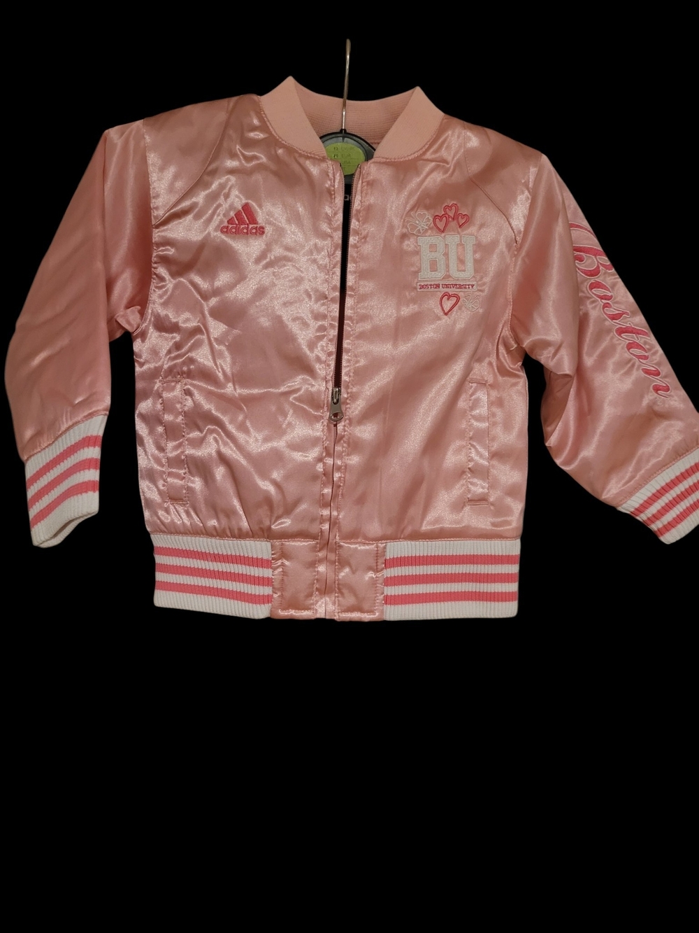 adidas Pink Satin Kids Bomber Jacket with Striped Trim